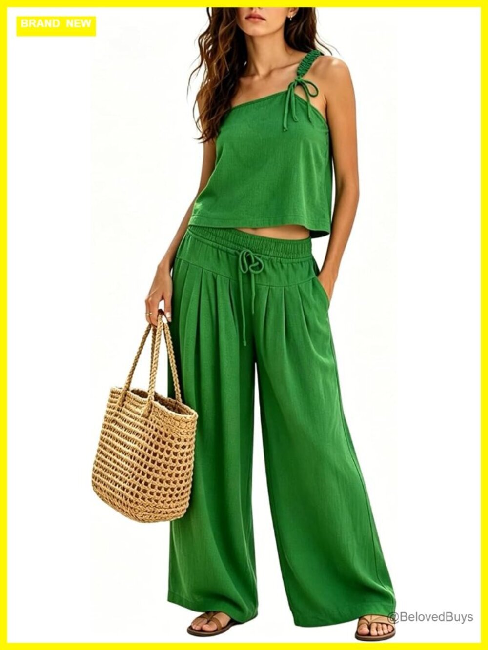2 Piece Set One-Shoulder Top Wide Leg Pants with Pockets Travel Outfit